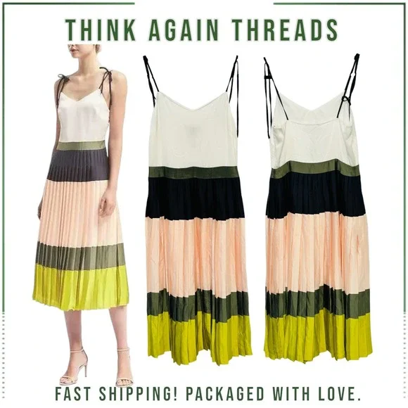 NWT Banana Republic Colorblock Pleated Midi Dress Citron Mix Size 4 - Picture 1 of 10